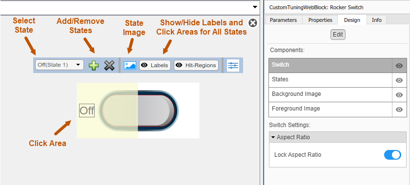 Rocker Switch block in design mode with the toolbar and the Design tab in the Property Inspector visible.