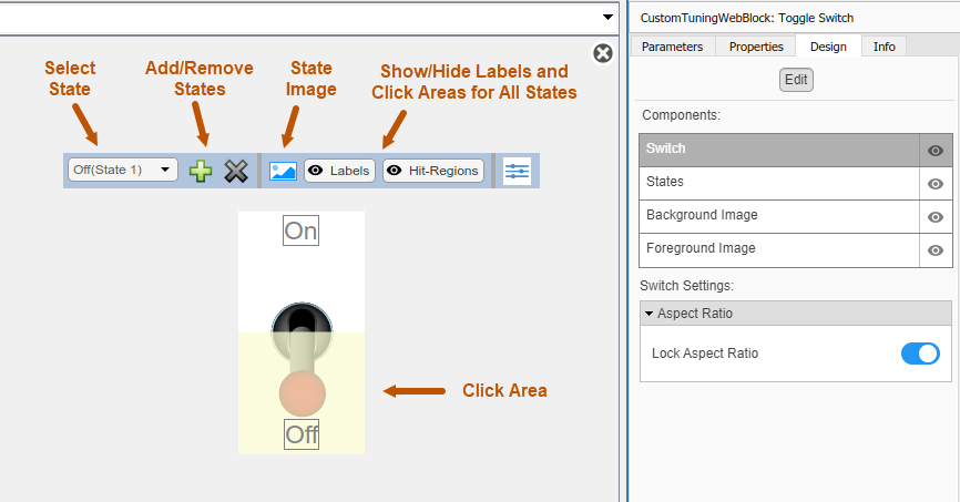 Toggle Switch block in design mode with the toolbar and the Design tab in the Property Inspector visible.