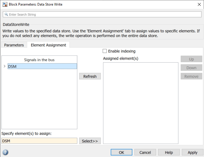 The Element Assignment tab of Data Store Write block parameters dialog. The "Signals in the bus" pane shows an unexpanded bus DSM.