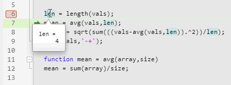 The cursor points to the variable len, and the value of the variable populates during simulation.