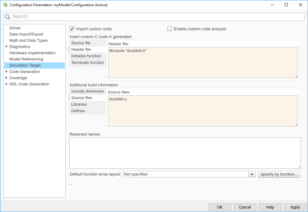 This image shows the Simulation Target pane. The text #include "doubleIt.h" has been included in the Header file section.