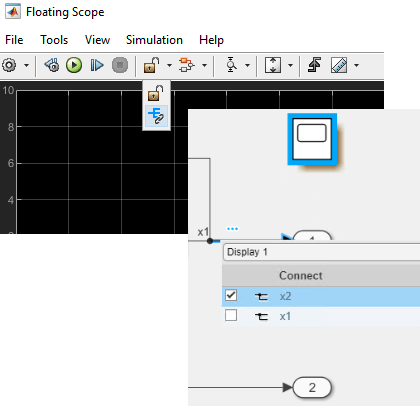 Combined images of the Signal Selector button and the connection mode and menu in the Simulink canvas.