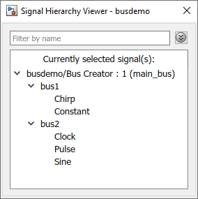 The Signal Hierarchy Viewer shows the hierarchy for a bus with two nested buses that contain two and three elements respectively.