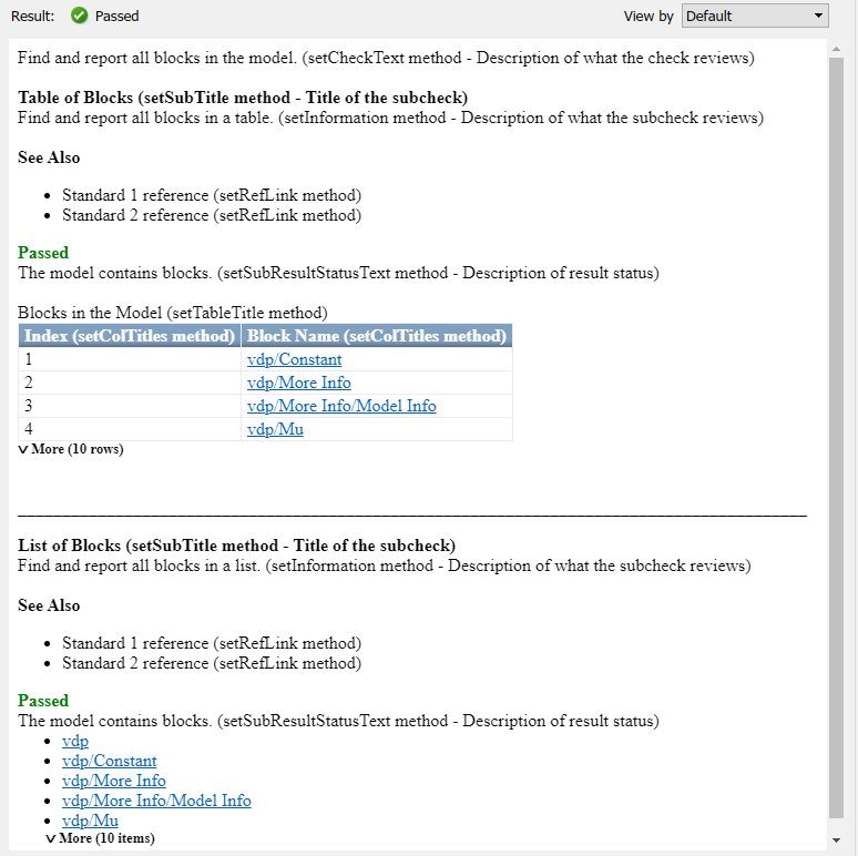 Model Advisor output when the check passes