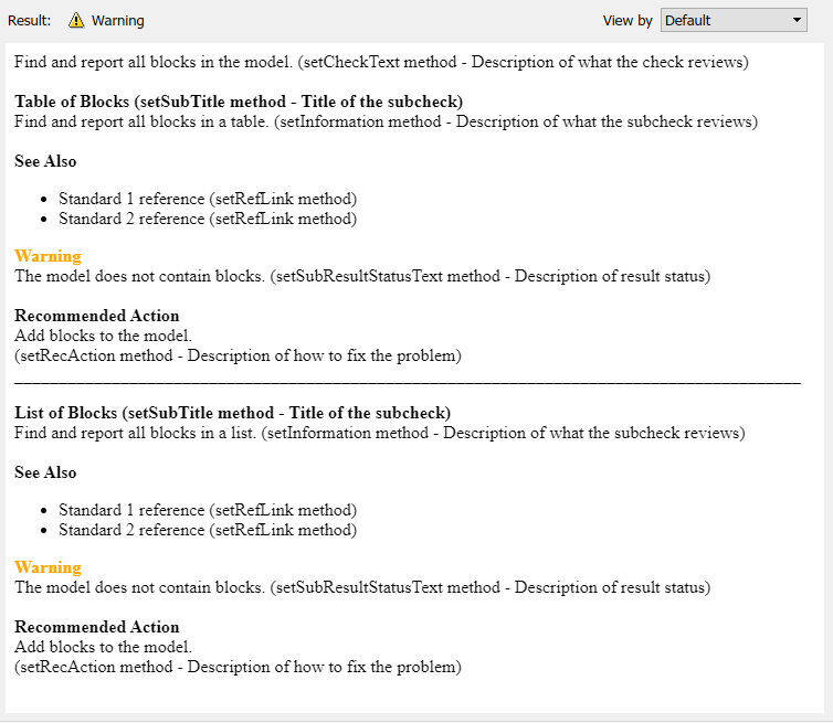 Model Advisor check output when the check warns