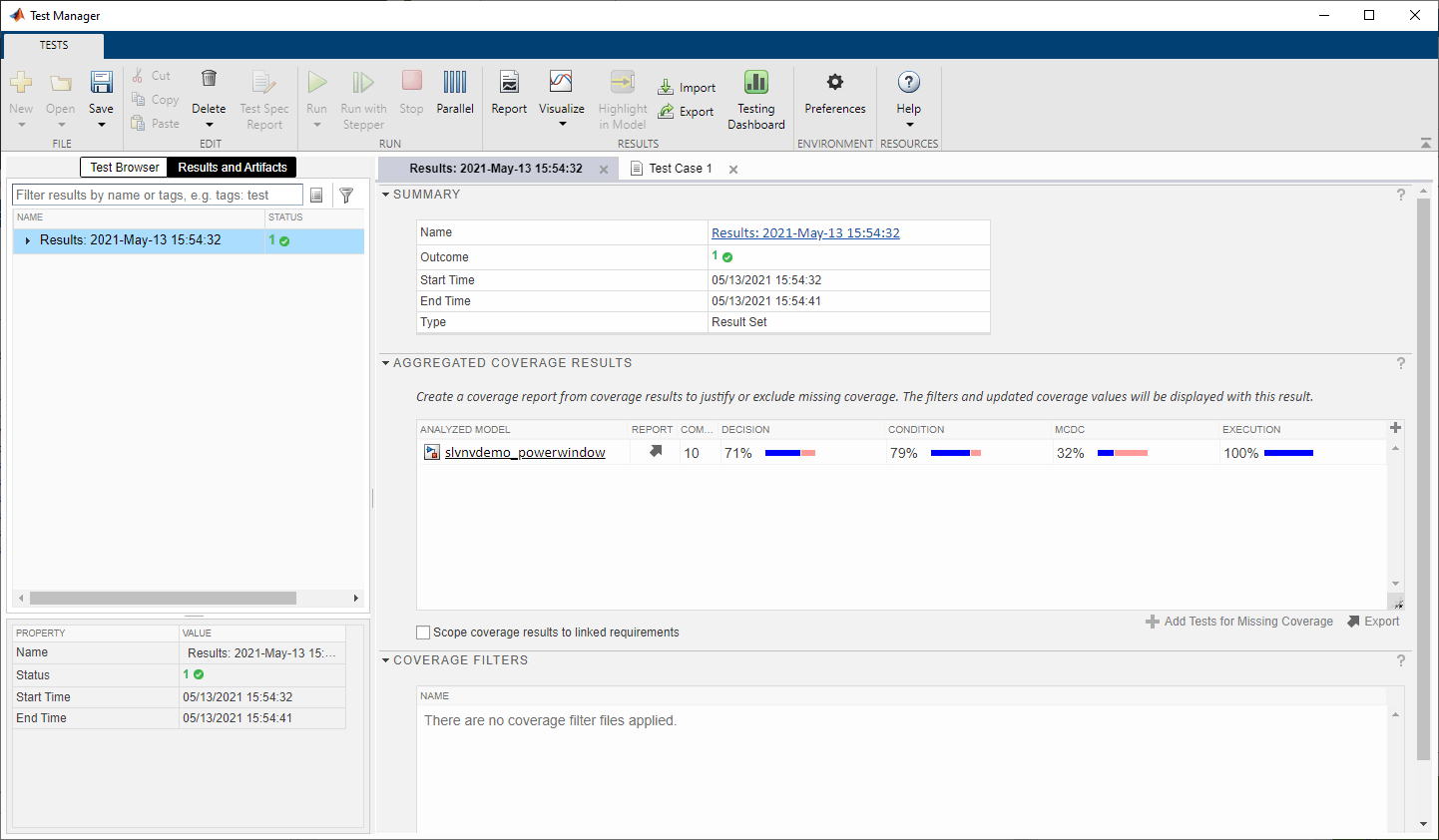 Simulink Test Manager showing results for test case 1. Coverage reported is: 71% decision, 79% condition, 32% MCDC, and 100% execution.