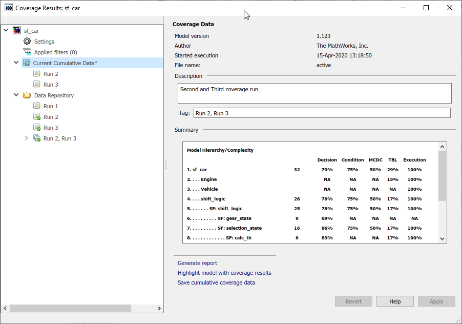 Default view of the Results Explorer with "Current Cumulative Data" selected. The overview of the current run is on the right, including the model version, author, execution start time and date, coverage data file name, short description, and coverage summary.