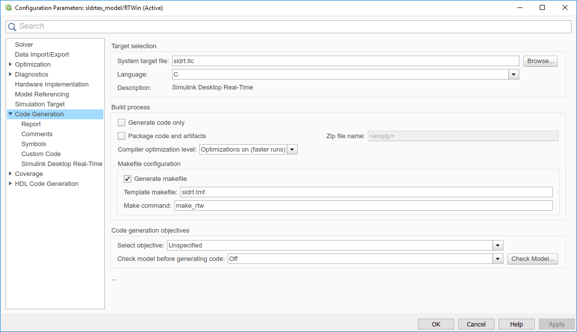 Image of configuration parameters code generation tab