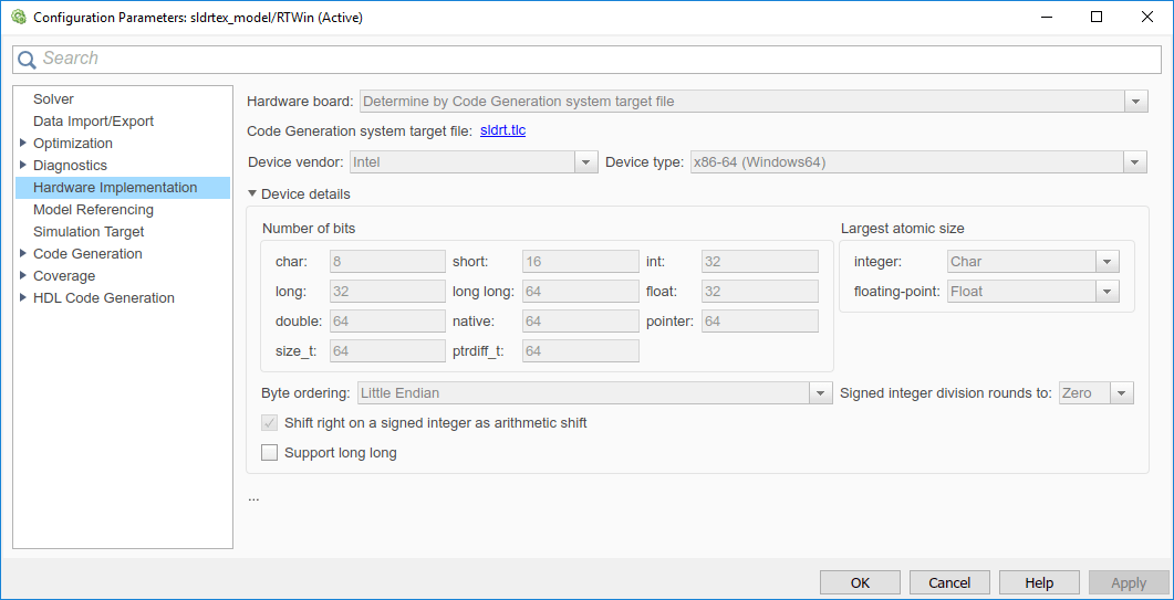 Image of configuration parameters hardward implementation tab