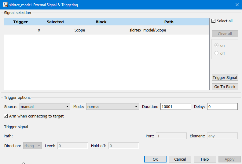 Image of external signal and triggering window