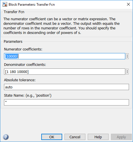 Image of transfer function parameters window