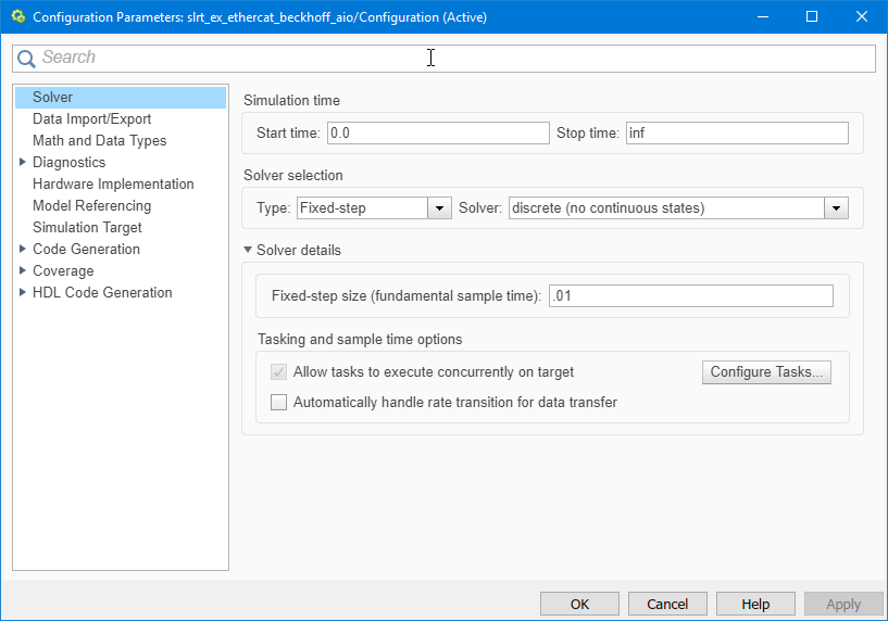 Image of Solver pane of Configuration Parameters dialog box