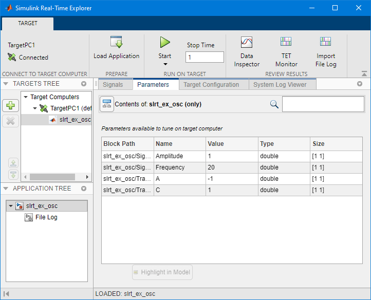 Image of Simulink Real-Time Explorer, Parameters tab