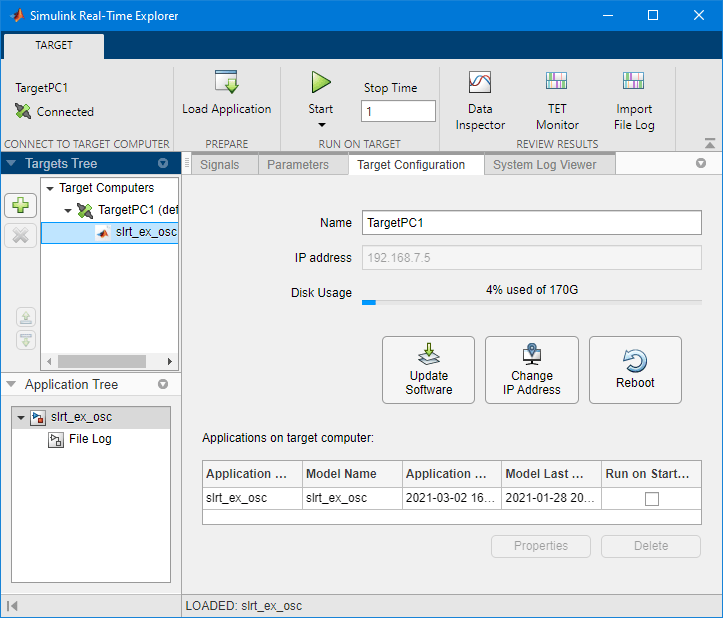 Image of Simulink Real-Time Explorer, Target Configuration tab