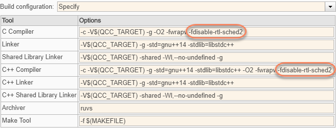 Image of updated C Compiler and C++ Compiler options