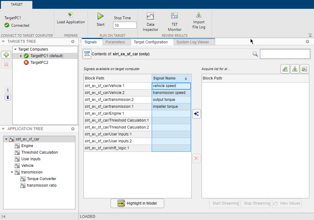 Image of slrt_ex_sf_car model hierarchy in slrt explorer