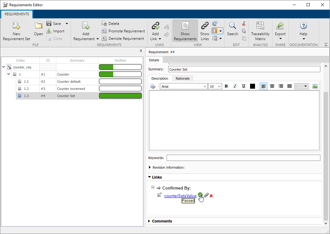 The Requirements Editor shows the requirement set with 3 requirements and one is verified.