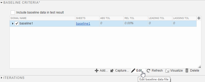 Baseline Criteria section of the Test Manager with baseline 1 selected