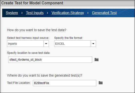 Generated test, last page of the wizard, with Inports as the harness source, Excel as the file format, and save location for test data and generated tests specified