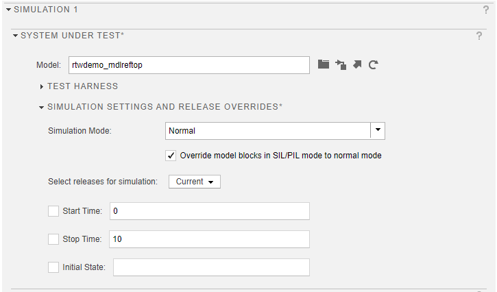 System under test with specified simulation mode