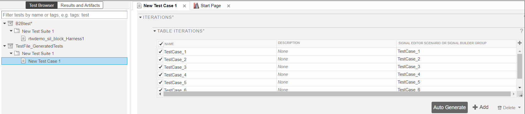 Table iterations for the test cases