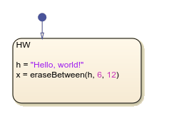 Stateflow chart that uses the erasebetween operator in a state.