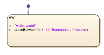 Stateflow chart that uses the erasebetween operator in a state.