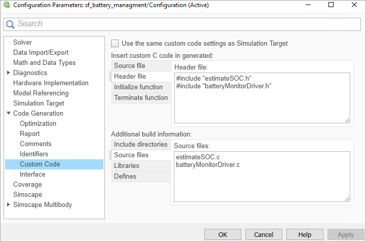 The custom code pane of the configuration parameters.