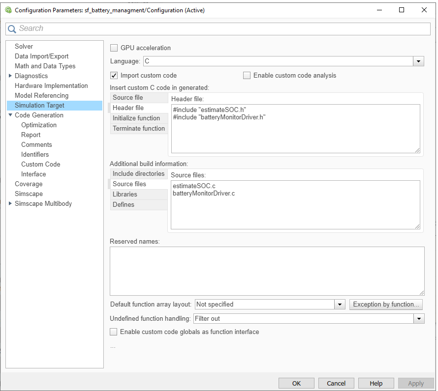 The simulation target pane of the configuration parameters.