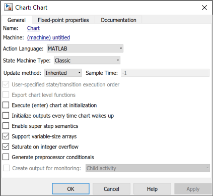 Chart properties dialog box showing default chart properties.