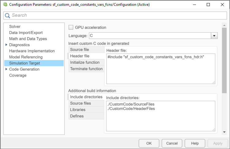 The Simulation Target pane of the Model Configuration Parameters dialog box, showing the relative paths to two subfolders.