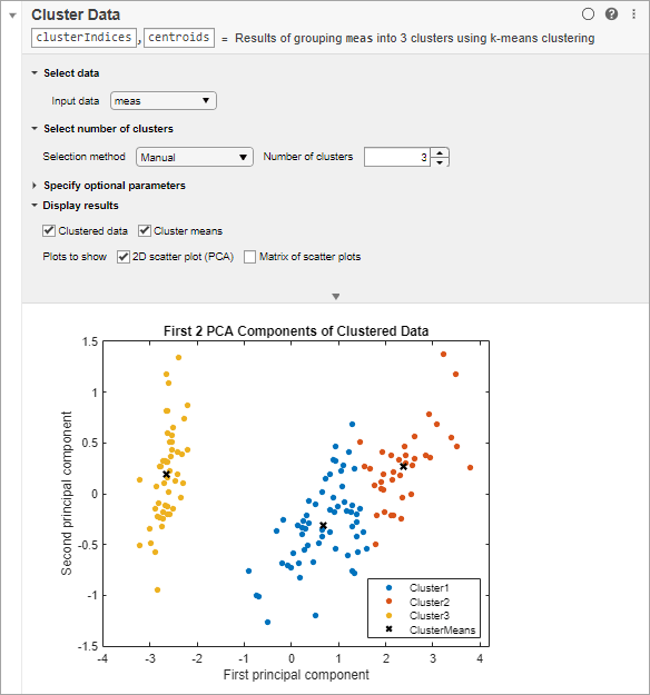 Cluster Data task showing the selected parameters and the resulting scatter plot with the sample data divided into three clusters.