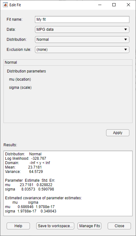 Edit Fit dialog box with normal distribution results for miles per gallon data