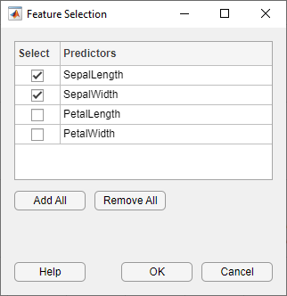 Feature Selection menu with SepalLength and SepalWidth selected, and PetalLength and PetalWidth cleared