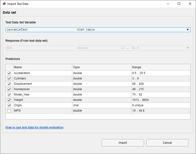 Import Test Data dialog box