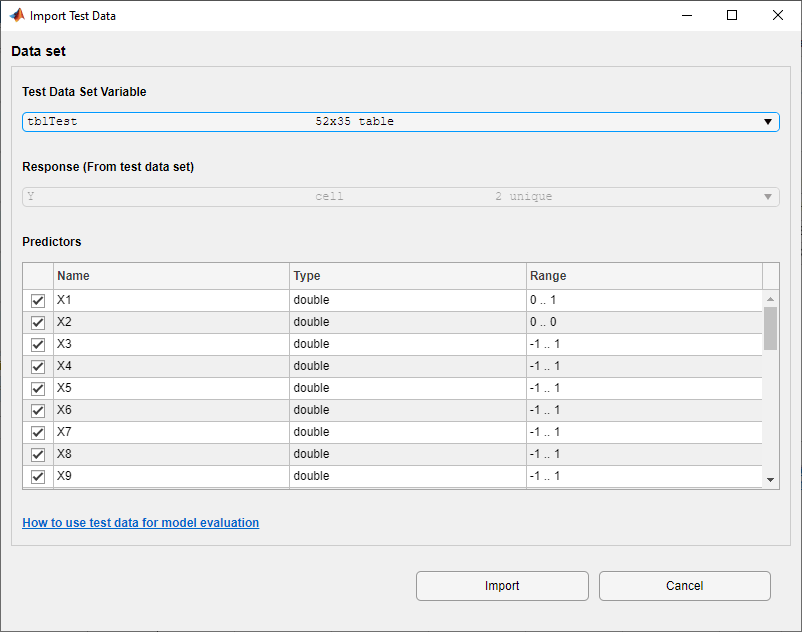 Import Test Data dialog box