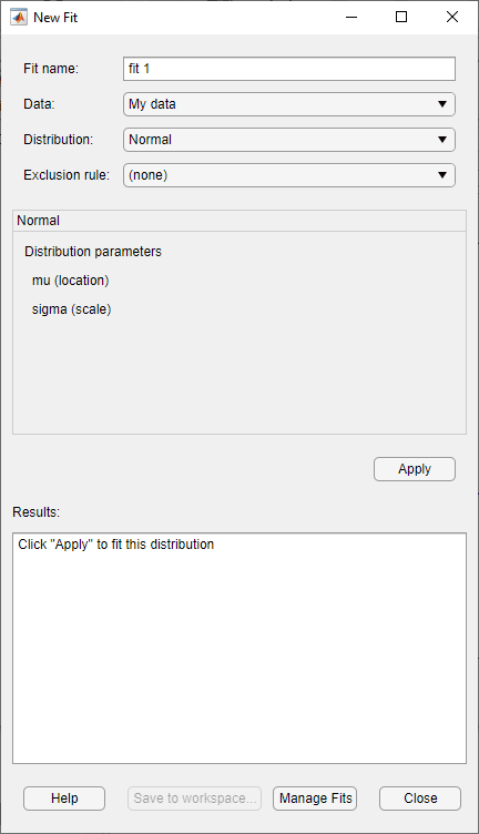 New Fit dialog box with normal distribution results for My data