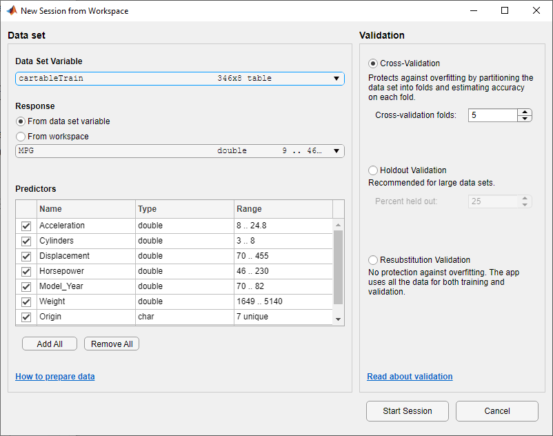 New Session from Workspace dialog box