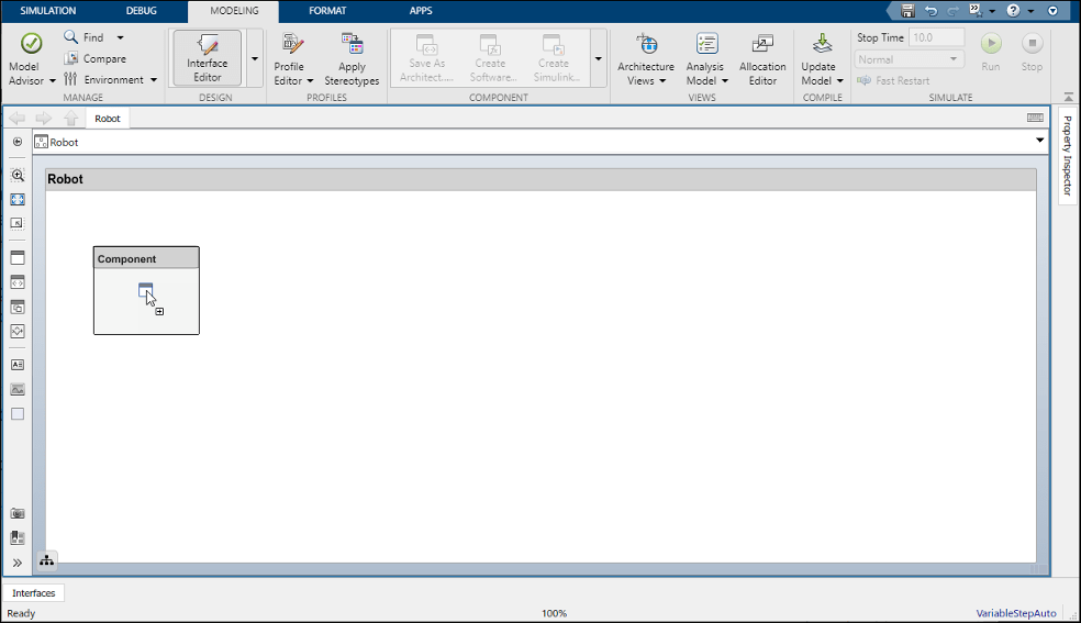 Click and drag a component from the left-side palette to add it to the architecture model.