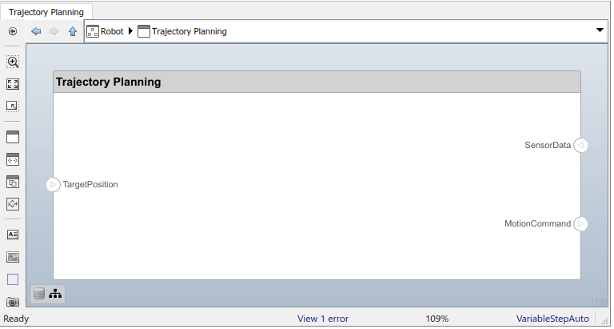 The inside of the 'Trajectory Planning' component shows three architecture ports called 'Target Position, 'Sensor Data', and 'Motion Command'.