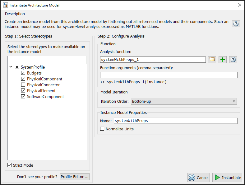 Instantiate Architecture Model window with stereotypes listed on the left and configure analysis on the right with analysis function, iteration order bottom-up, and instance model name system with props. Options are to cancel or instantiate.