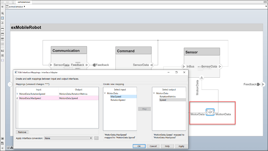 Interface adapter block in a model between ports on a connection. The edit interface mappings interface adapter dialog is open.