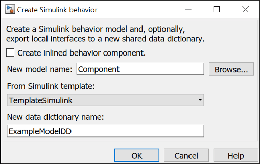 Create Simulink Behavior for a component. Create the new model from a Simulink template and a new data dictionary.