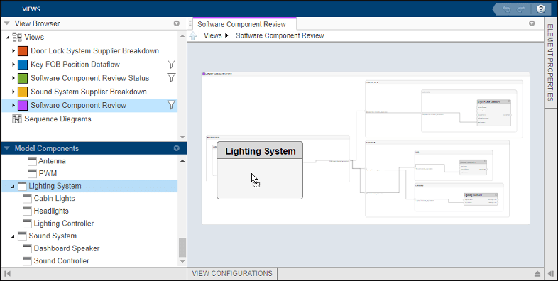 The display on the views editor shows clicking and dragging the lighting system component into the view.