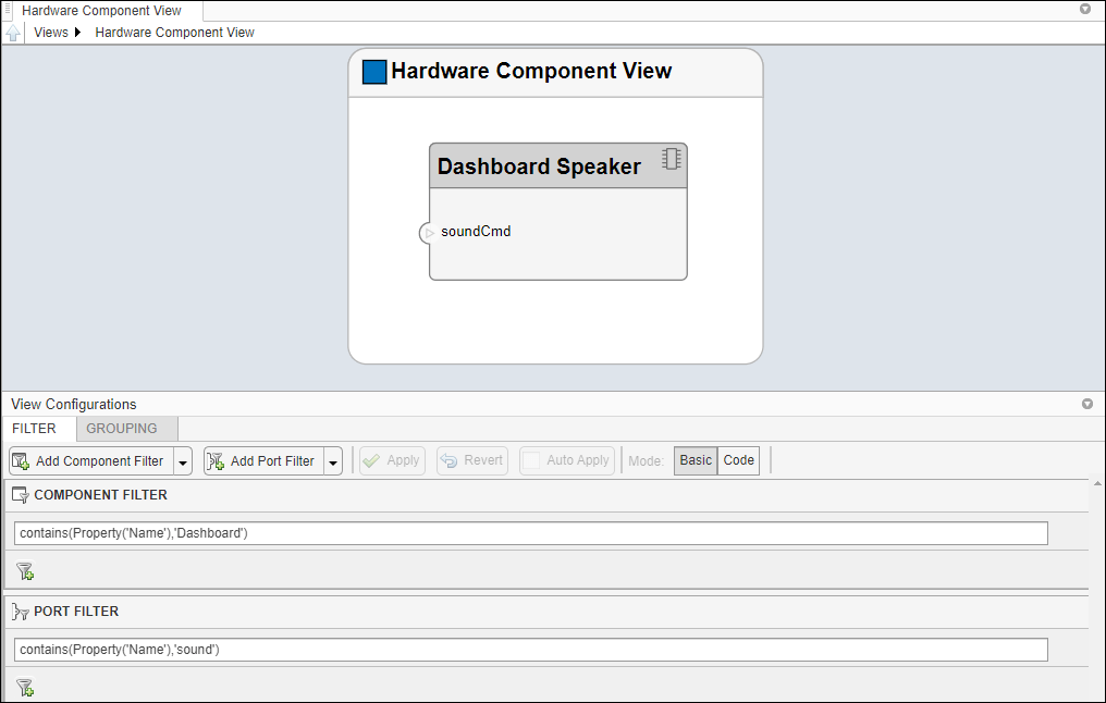 Hardware component view with component filter and port filter constraints applied.