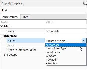 The Property Inspector is open. The sensor data interface is selected in the Interface list.