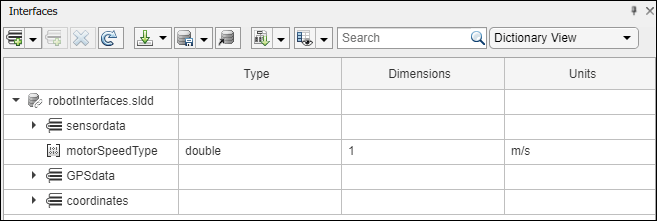 The robot interfaces dictionary shown in the interface editor window. Below the dictionary are the interfaces.