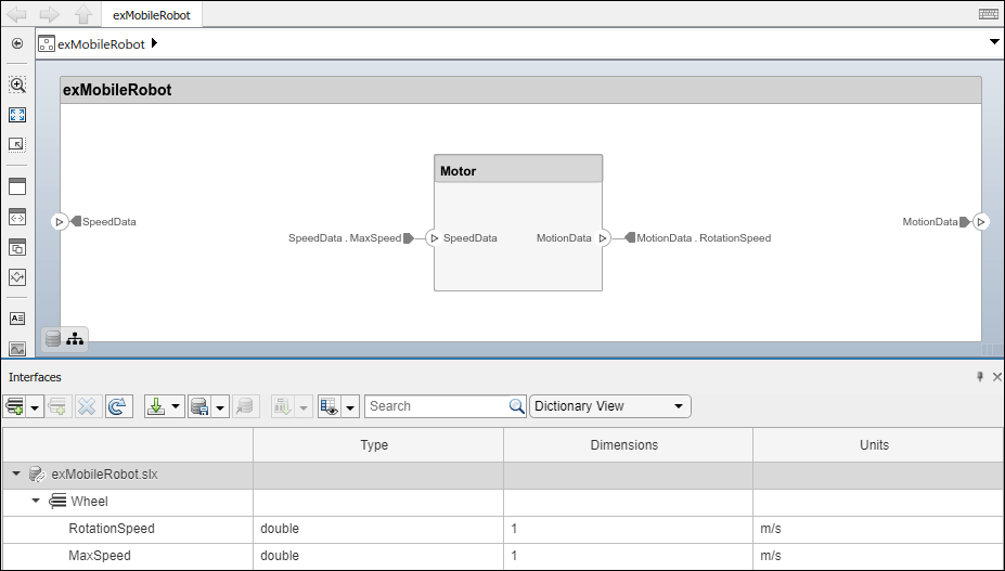 The interface element rotation speed is the source element for the motion data port on the motor component.