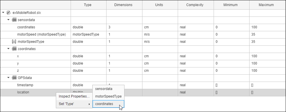 Interface editor with three interfaces named 'sensor data', 'coordinates' and 'GPS data'. Below each are interface elements with properties defined. The 'location' interface element under the interface named 'GPS data' has been right-clicked. The user is selecting the option 'Set type' to choose the interface named 'coordinates'.