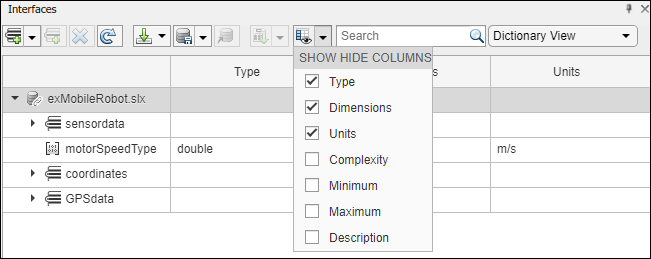 The Interface Editor view with the drop down next to the show hide columns icon is selected. The columns Type, Dimensions, and Units are selected.